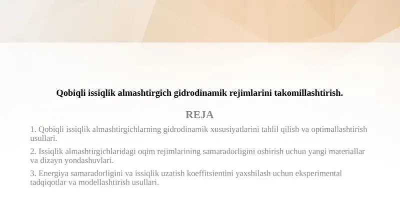 Qobiqli issiqlik almashtirgich gidrodinamik rejimlarini takomillashtirish.