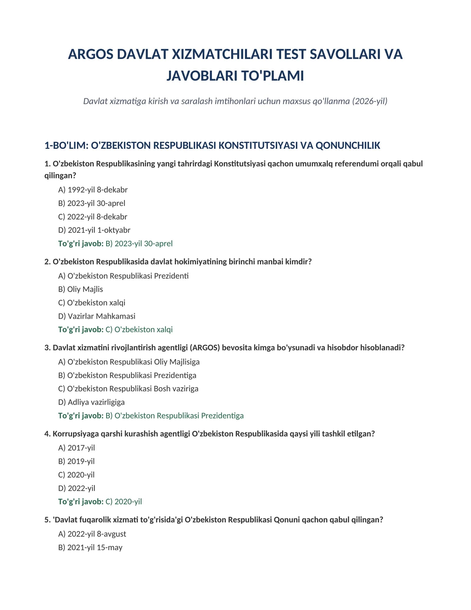 ARGOS Davlat xizmatchilari test savollari va javoblari to'plami (2026)