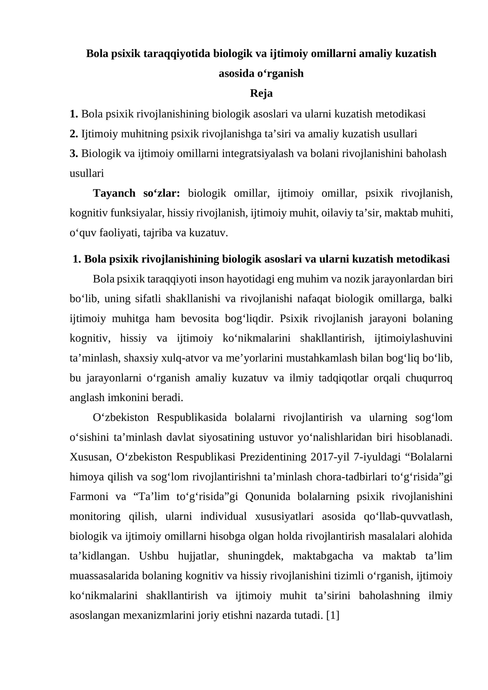 Bola psixik taraqqiyotida biologik va ijtimoiy omillarni amaliy kuzatish asosida o‘rganish