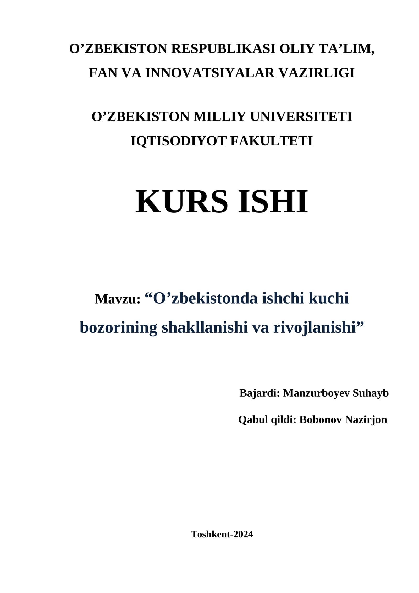 O’zbekistonda ishchi kuchi bozorining shakllanishi va rivojlanishi