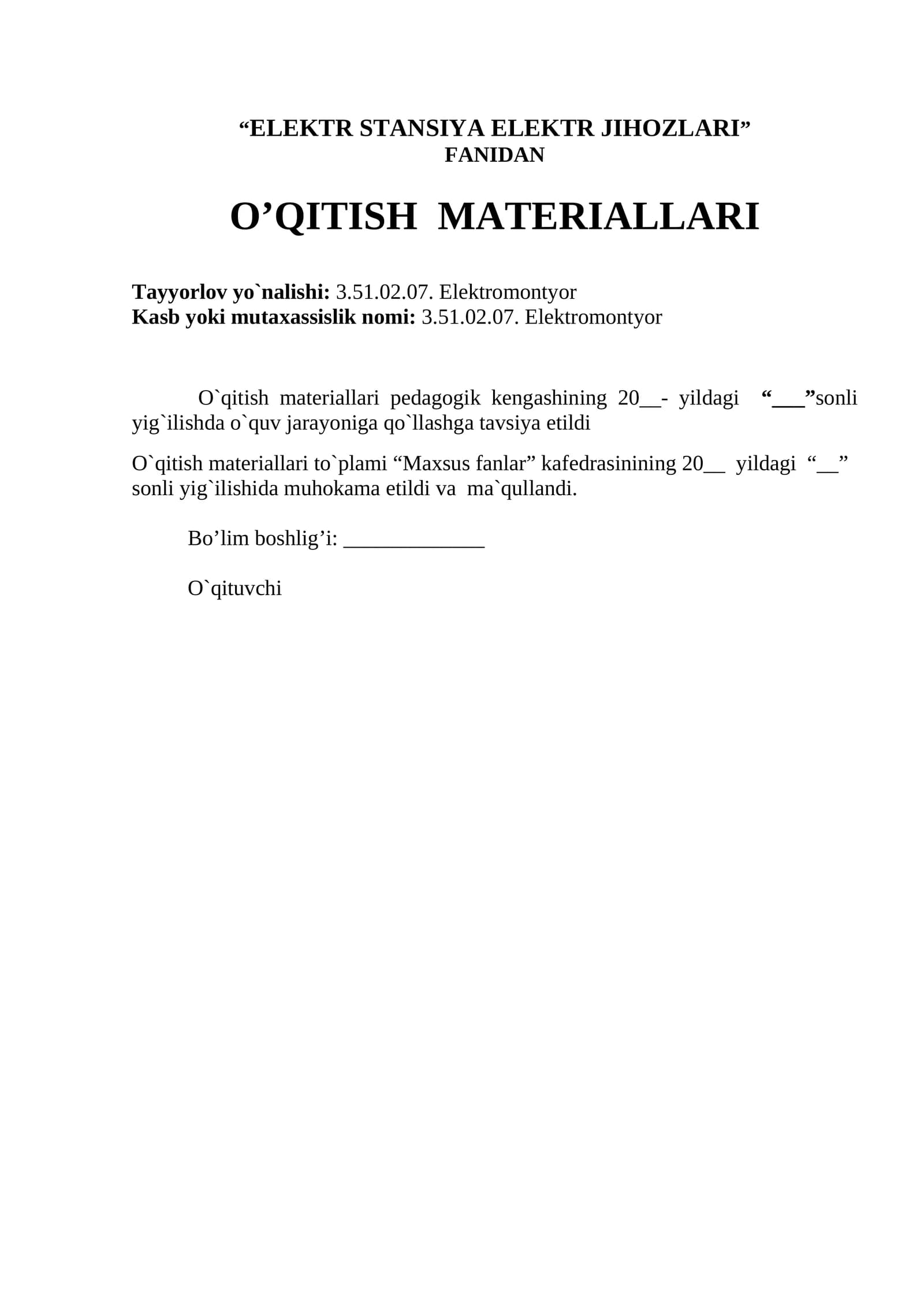 “ELEKTR STANSIYA ELEKTR JIHOZLARI” FANIDAN  O’QITISH  MATERIALLARI