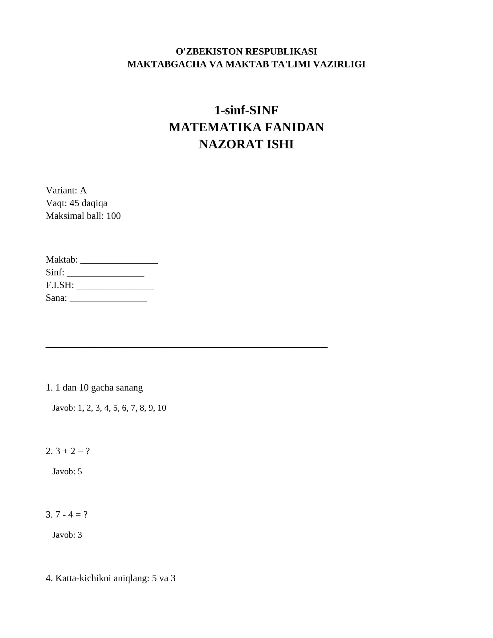 Matematika Fanidan Nazorat Ishi Variant A