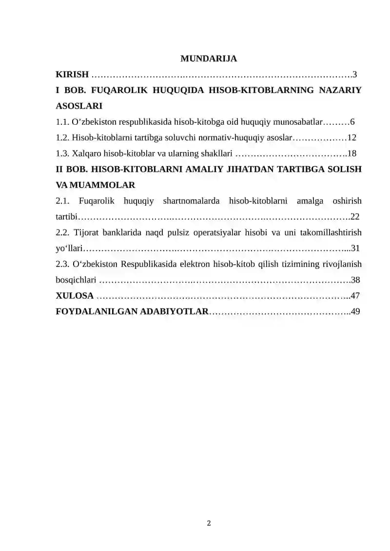 HISOB-KITOBLARNI FUQAROLIK HUQUQIY-TARIBGA SOLISH ASOSLARI