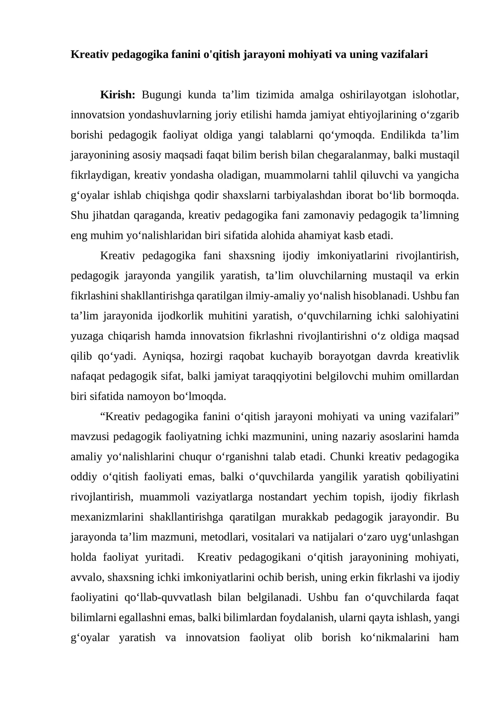 Kreativ pedagogika fanini o'qitish jarayoni mohiyati va uning vazifalari