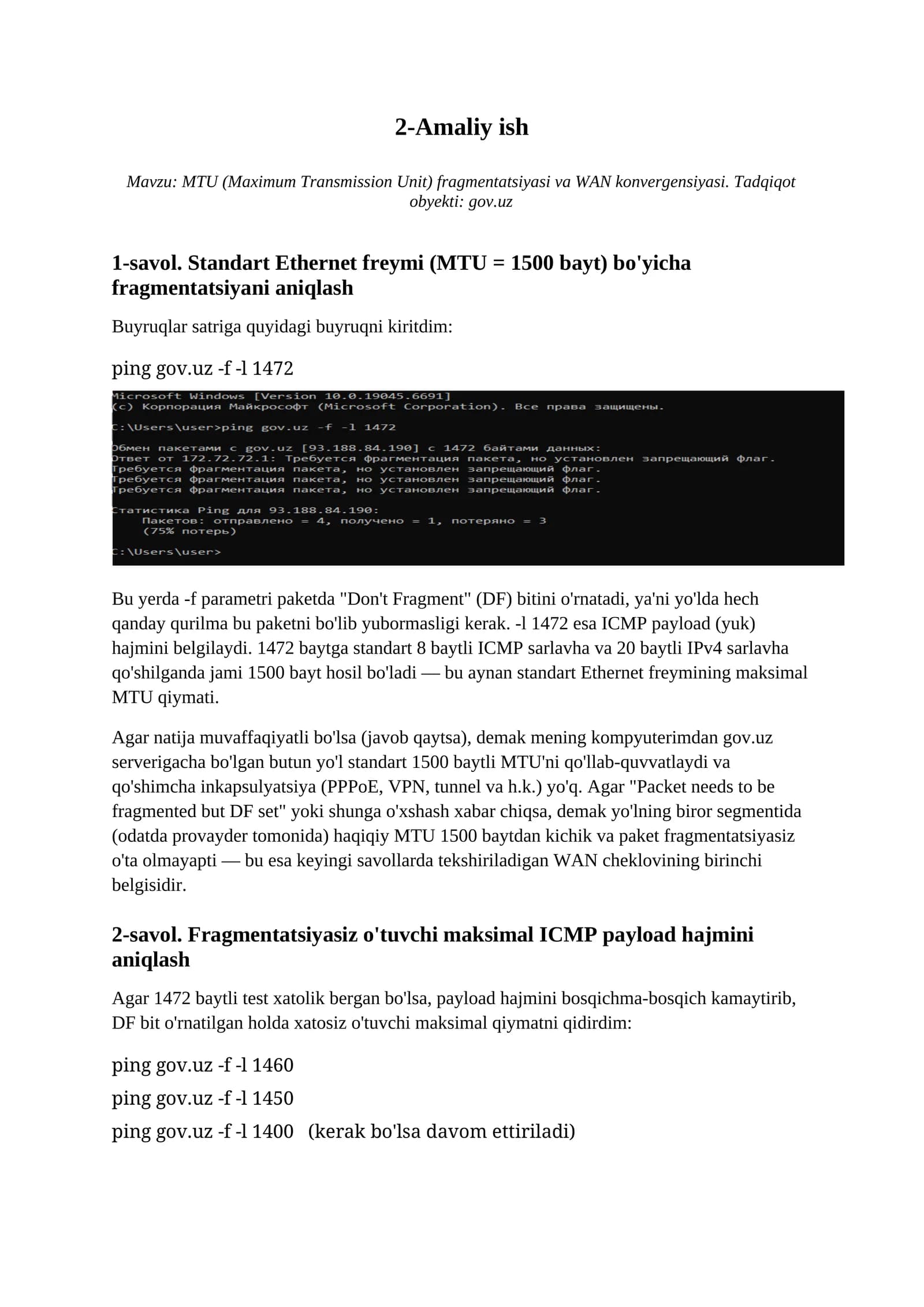 MTU (Maximum Transmission Unit) fragmentatsiyasi va WAN konvergensiyasi