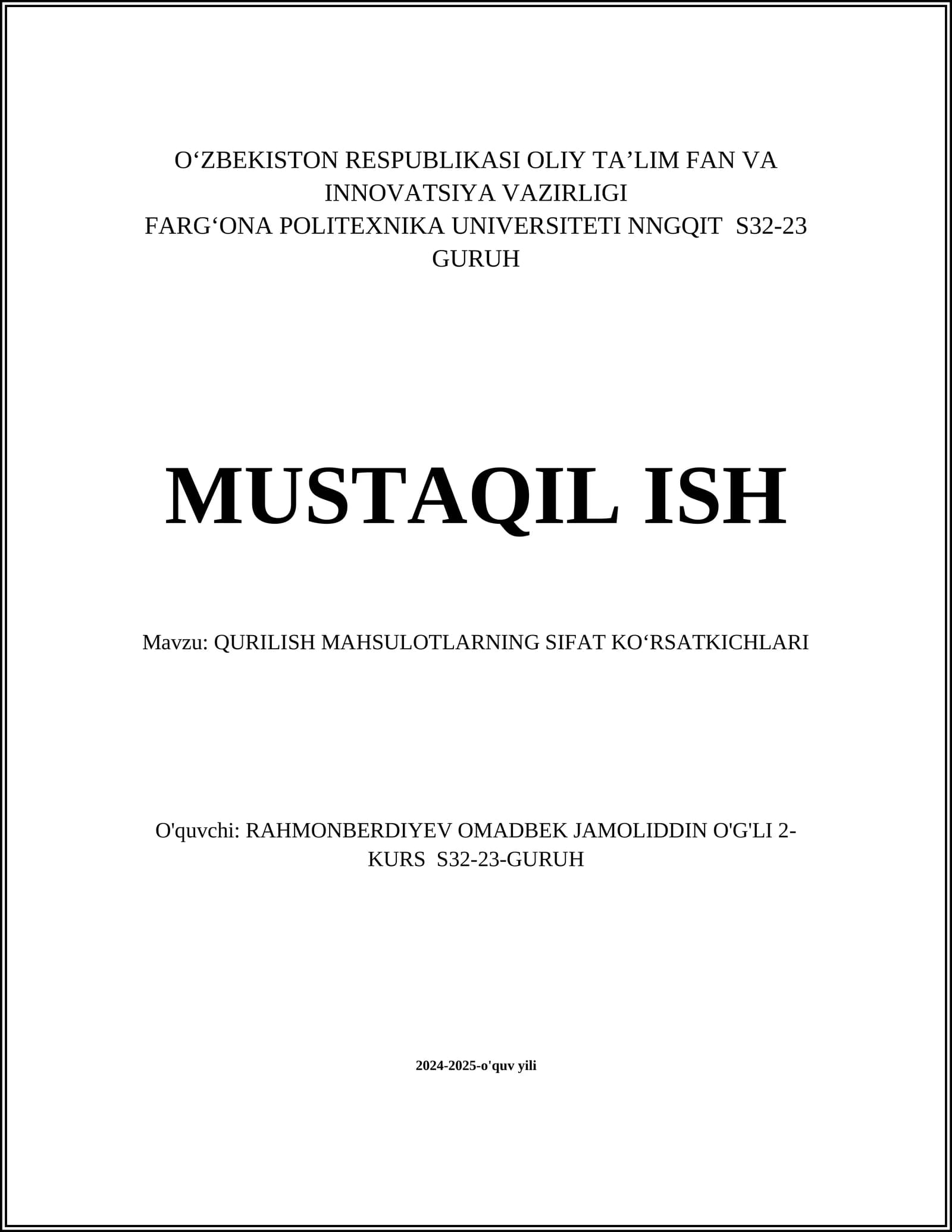 QURILISH MAHSULOTLARNING SIFAT KOʻRSATKICHLARI