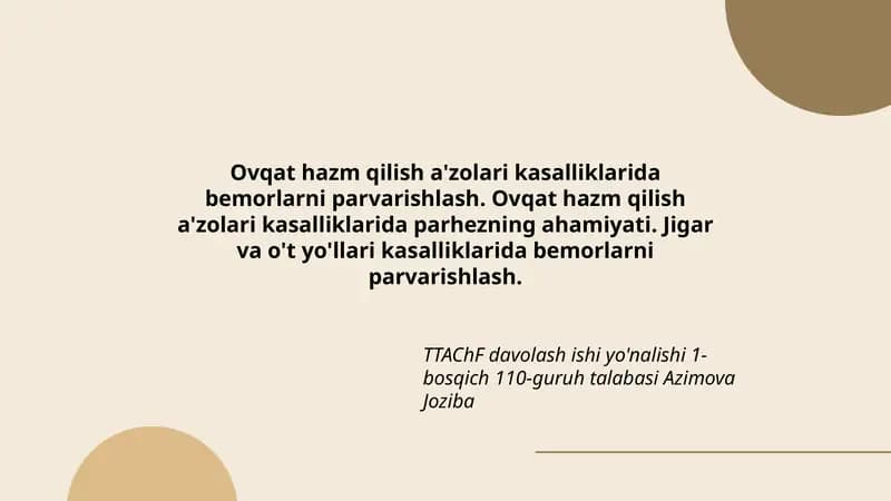 TTAChF davolash ishi yo'nalishi 1-bosqich 110-guruh talabasi Azimova Joziba