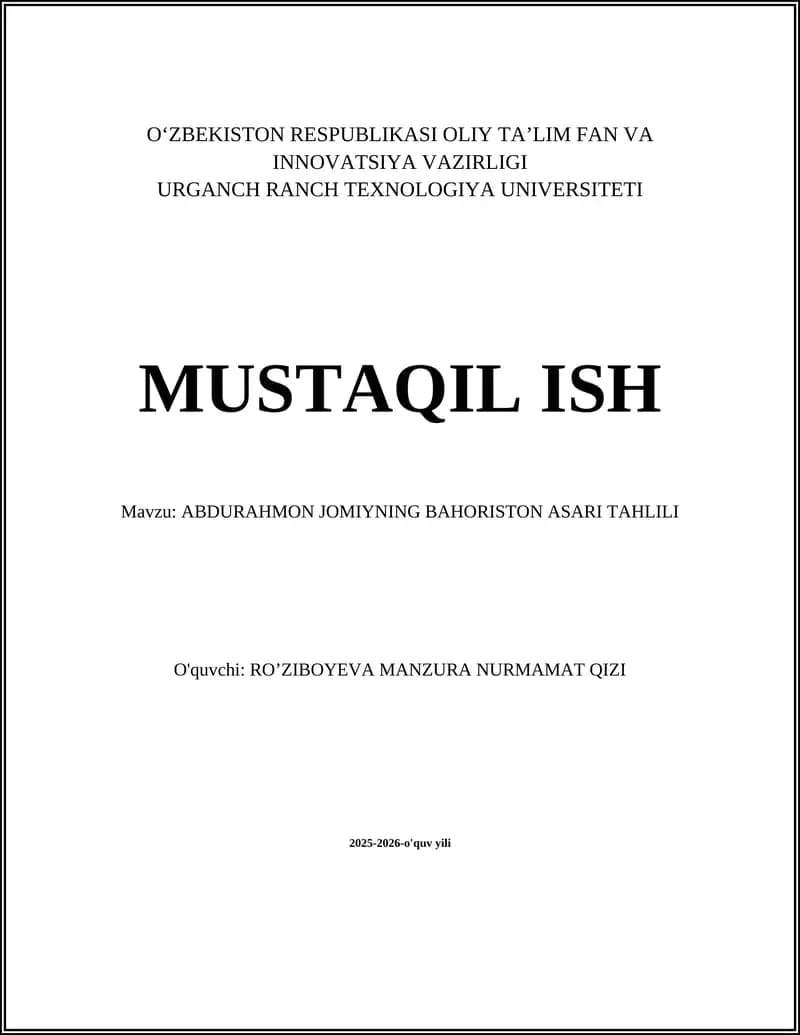 ABDURAHMON JOMIYNING BAHORISTON ASARI TAHLILI