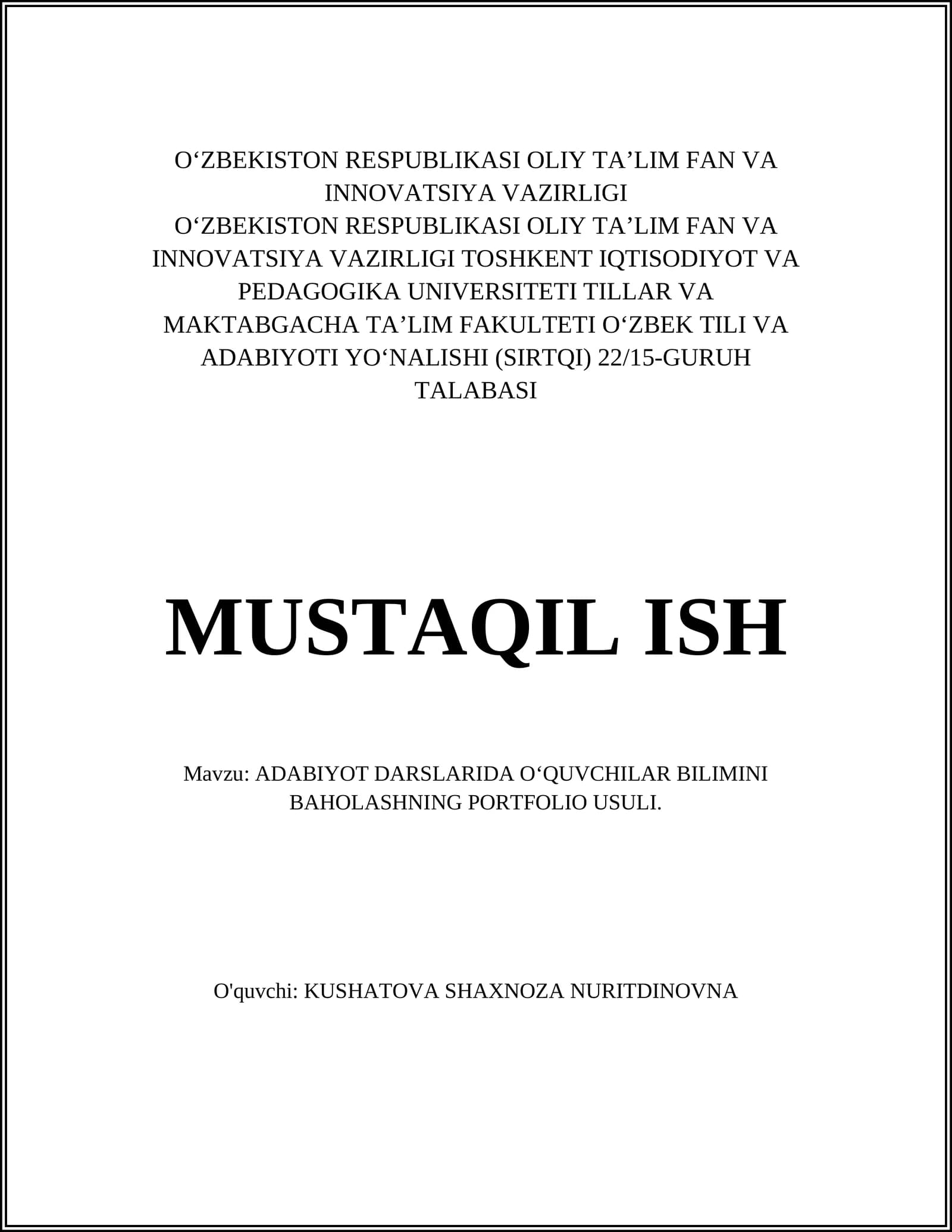 Portfolio usulining nazariy asoslari va maqsadlari adabiyot darslarida