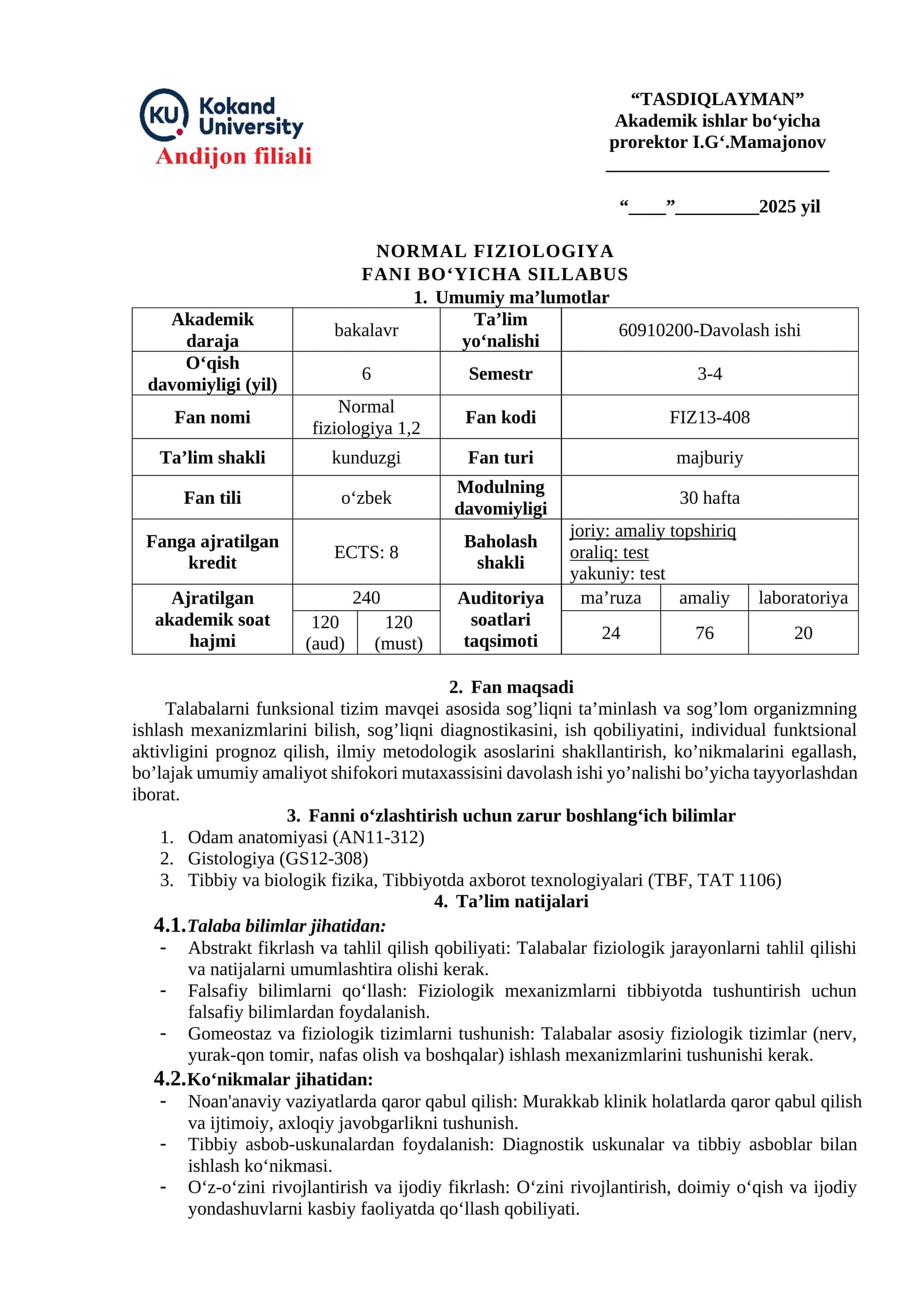 NORMAL FIZIOLOGIYA FANI BO‘YICHA SILLABUS