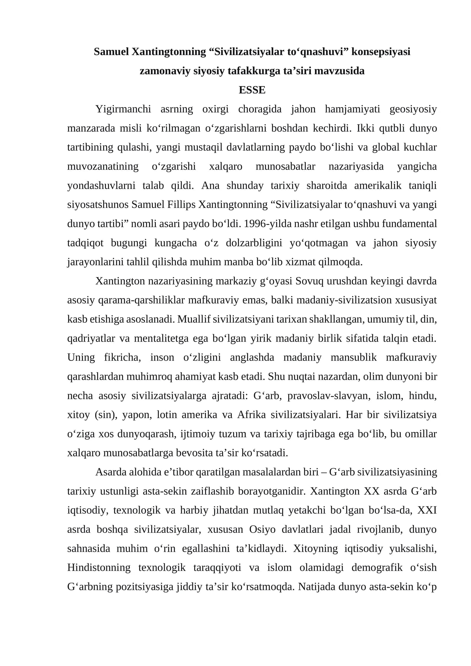Samuel Xantingtonning “Sivilizatsiyalar to‘qnashuvi” konsepsiyasi zamonaviy siyosiy tafakkurga ta’siri