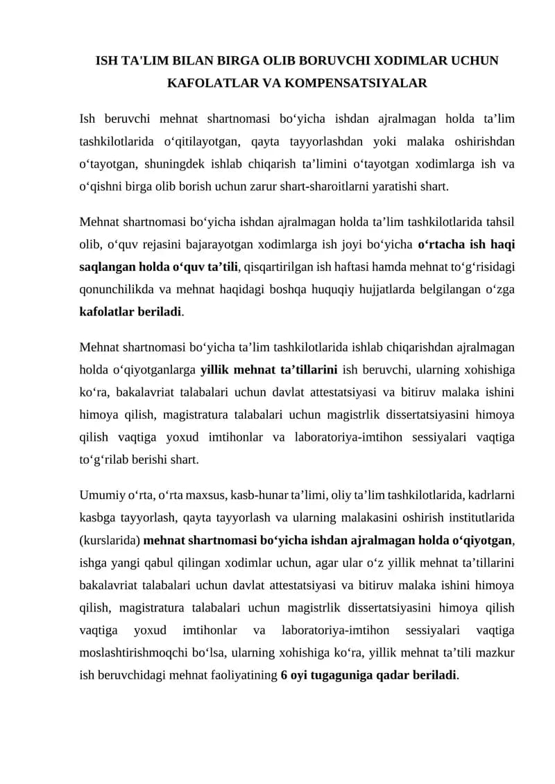 Ish ta'lim bilan birga olib boruvchi xodimlar uchun kafolatlar va kompensatsiyalar
