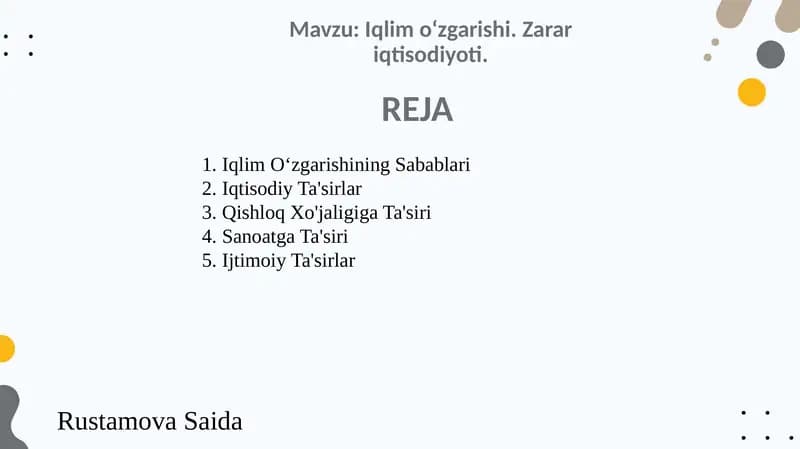 Iqlim o‘zgarishi. Zarar iqtisodiyoti.
