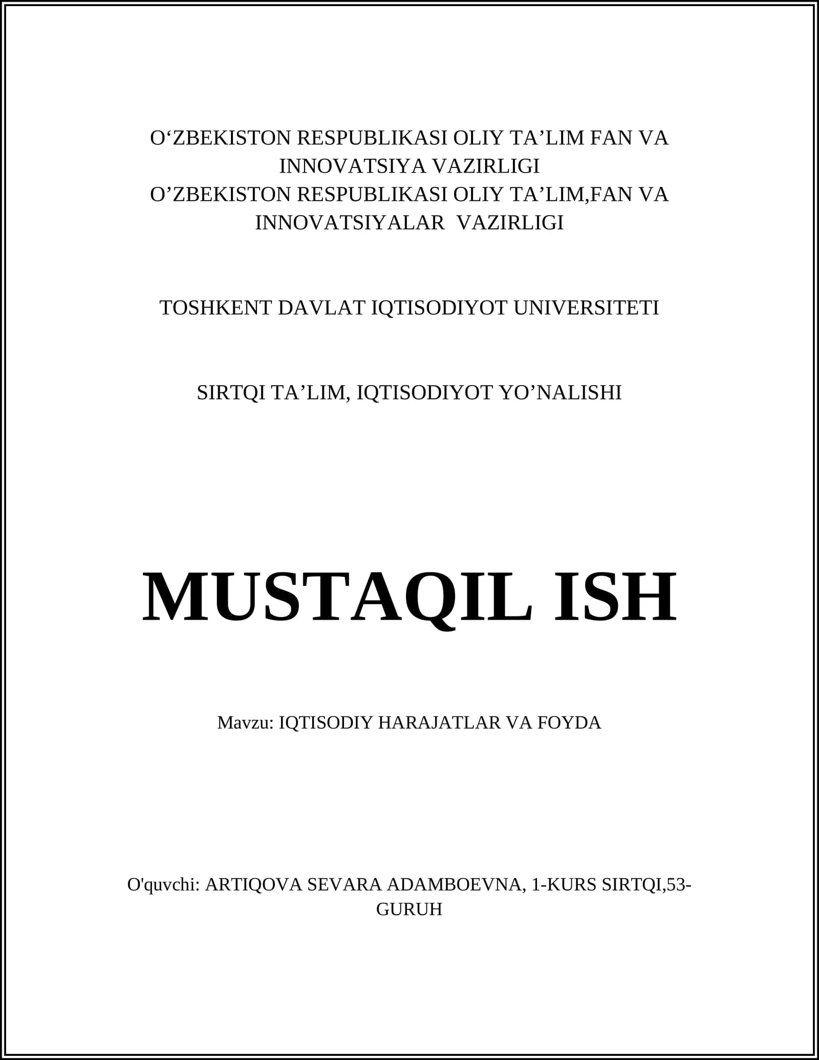 IQTISODIY HARAJATLAR VA FOYDA