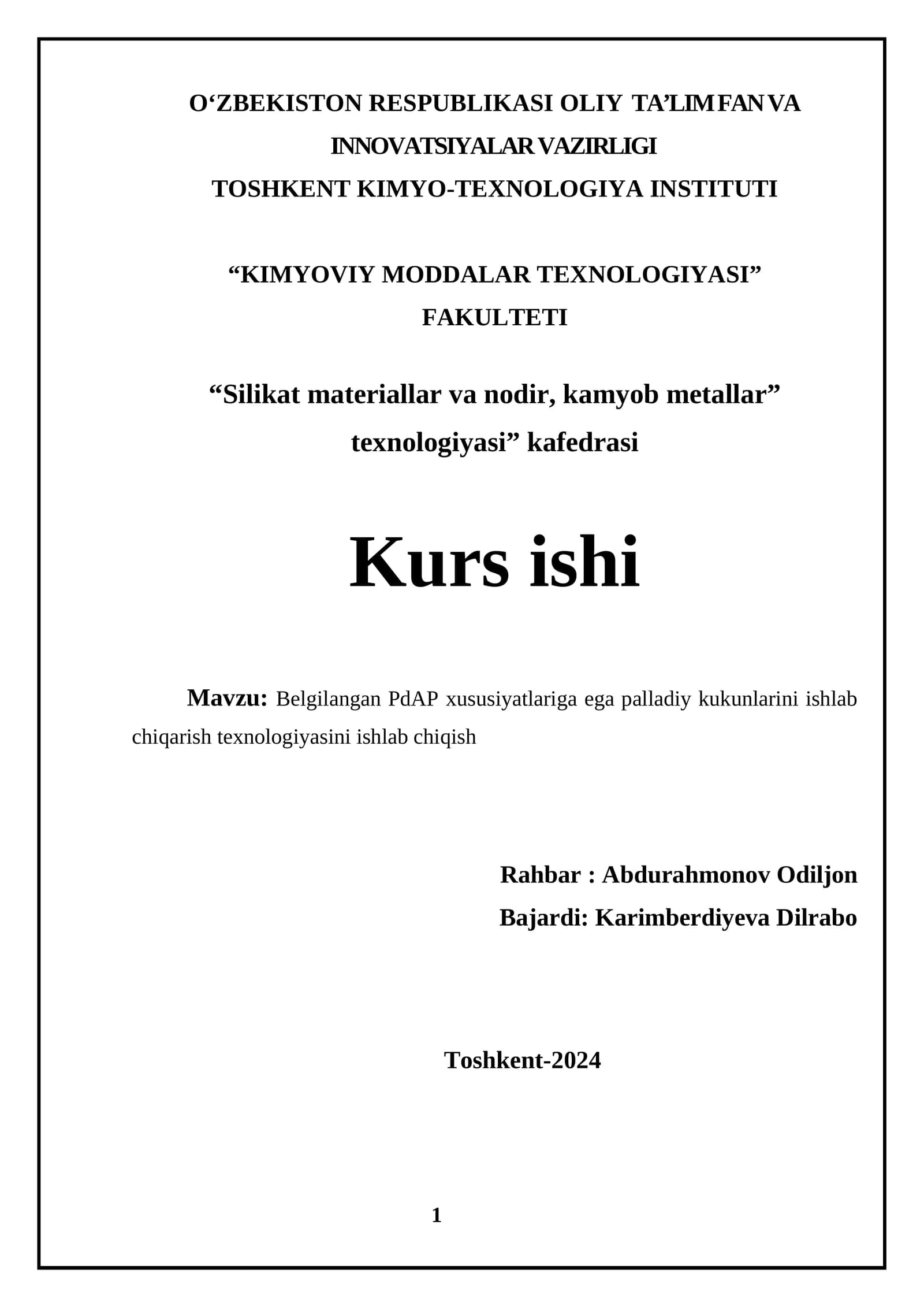Belgilangan PdAP xususiyatlariga ega palladiy kukunlarini ishlab chiqarish texnologiyasini ishlab chiqish