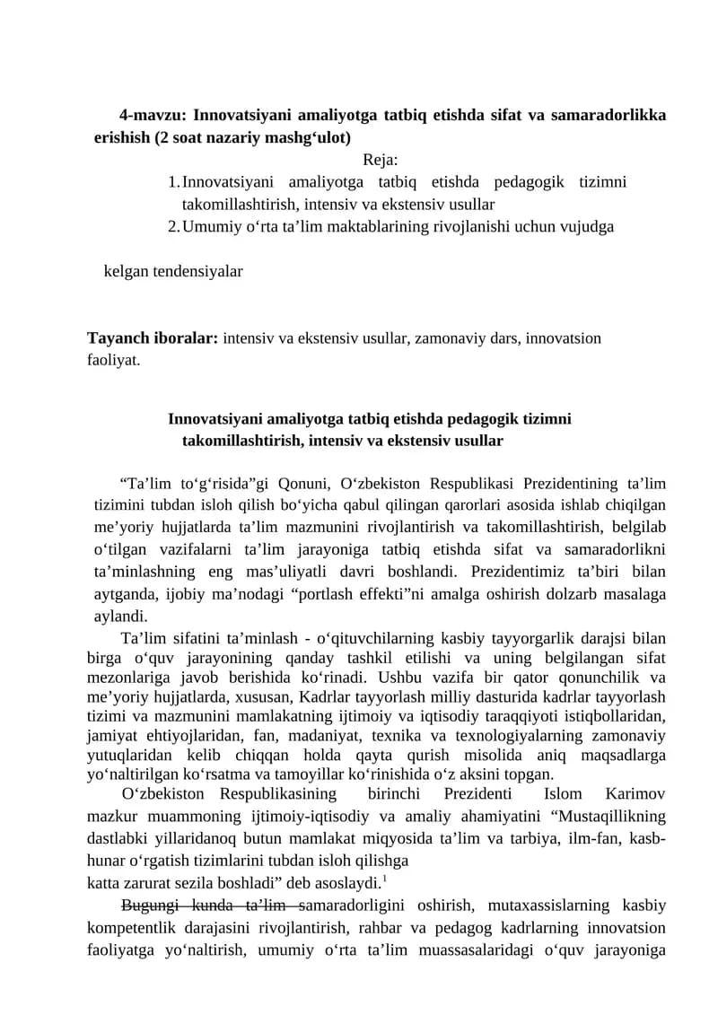 Innovatsiyani amaliyotga tatbiq etishda sifat va samaradorlikka erishish