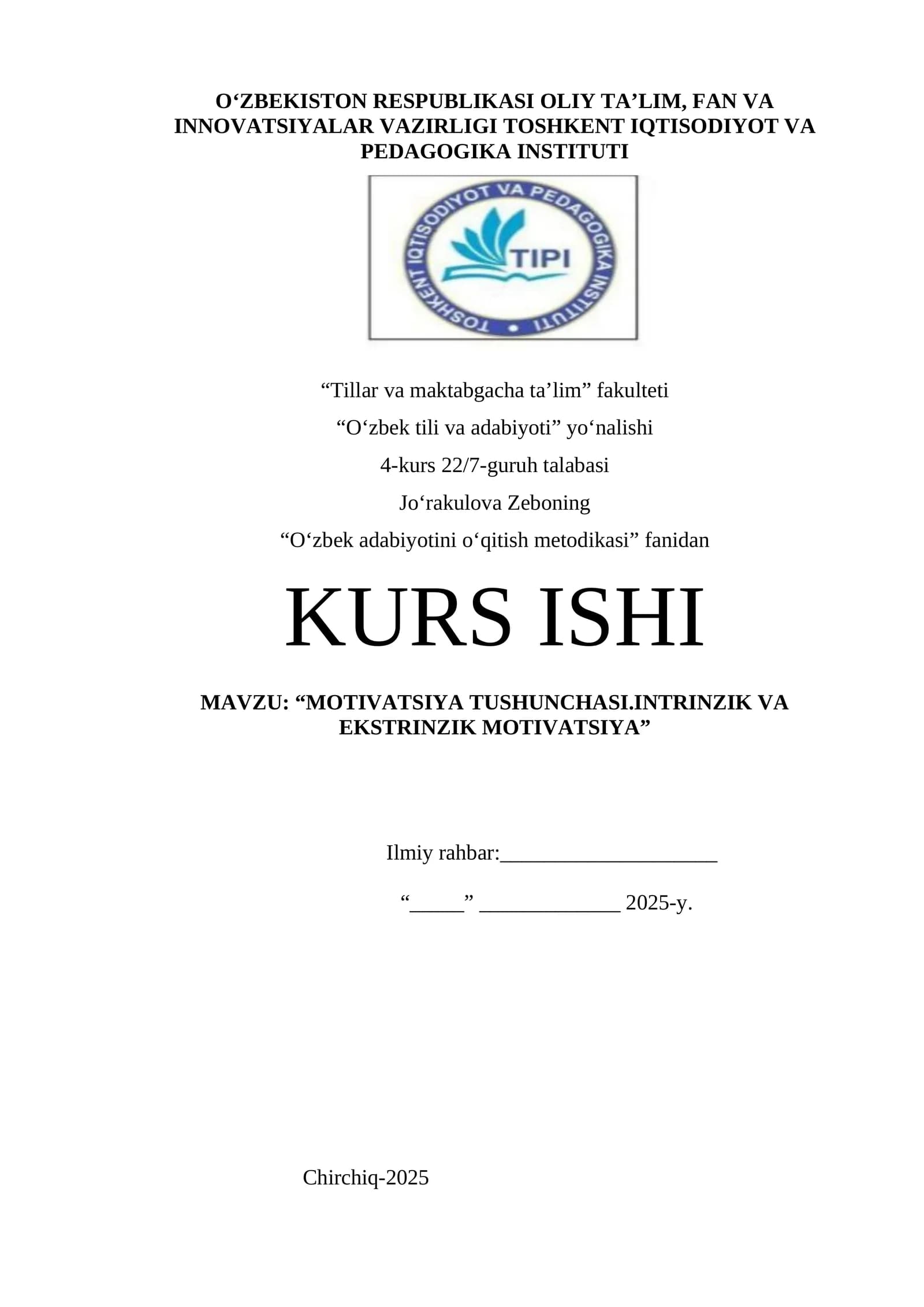 MOTIVATSIYA TUSHUNCHASI.INTRINZIK VA EKSTRINZIK MOTIVATSIYA