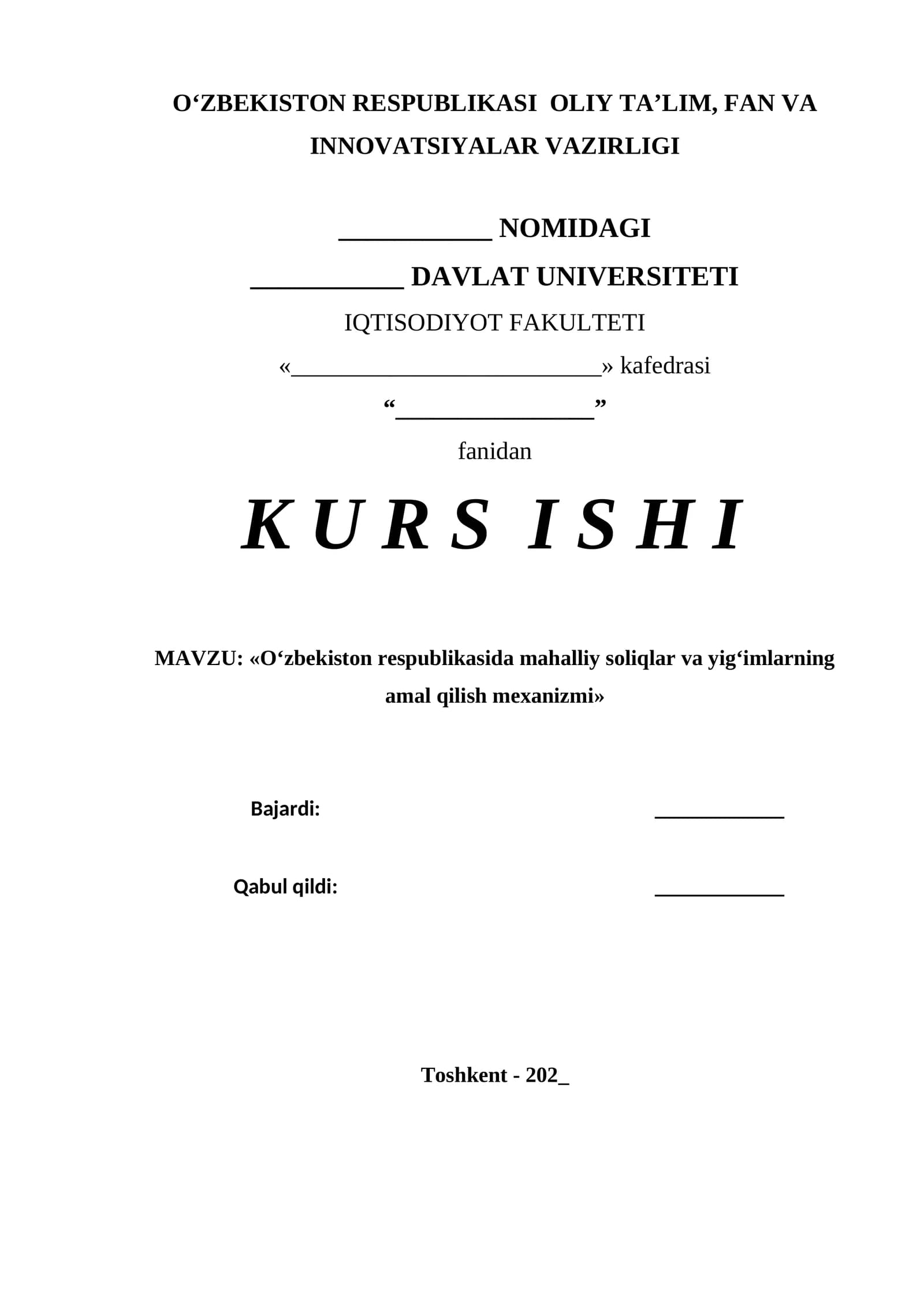 Oʻzbekiston respublikasida mahalliy soliqlar va yigʻimlarning amal qilish mexanizmi