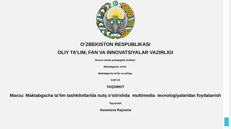 Maktabgacha ta’lim tashkilotlarida nutq o‘stirishda multimedia texnologiyalaridan foydalanish