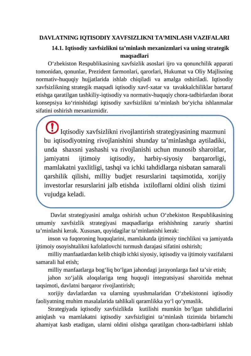 DAVLATNING IQTISODIY XAVFSIZLIKNI TA’MINLASH VAZIFALARI
