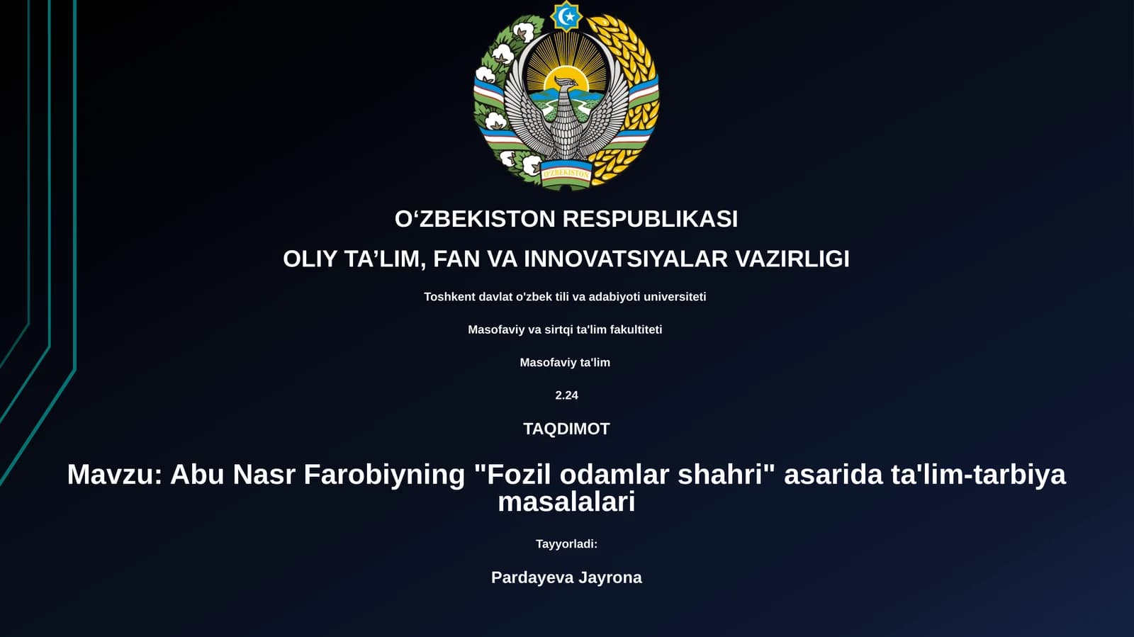 Abu Nasr Farobiyning "Fozil odamlar shahri" asarida ta'lim-tarbiya masalalari