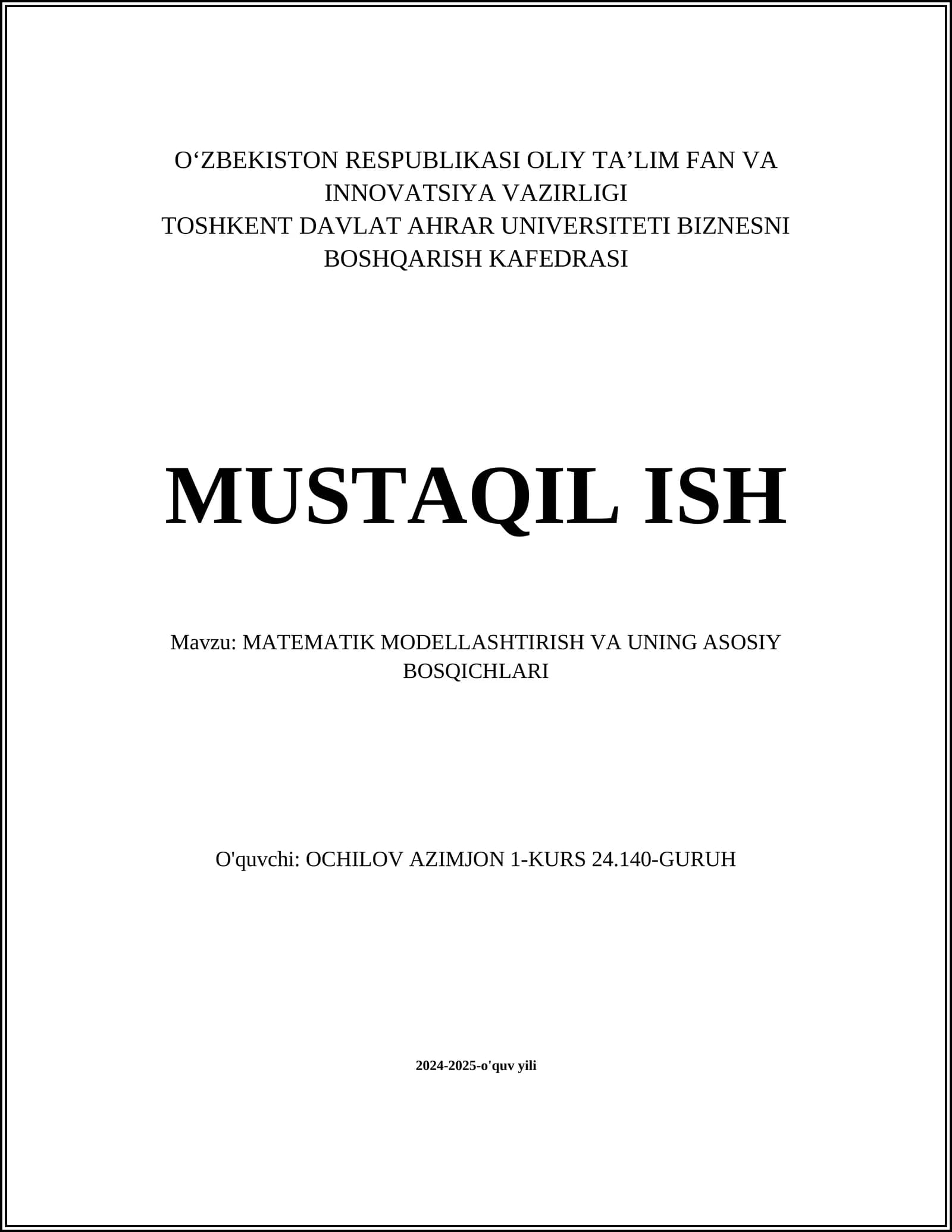 MATAMATIK MODELLASHTIRISH VA UNING ASOSIY BOSQICHLARI