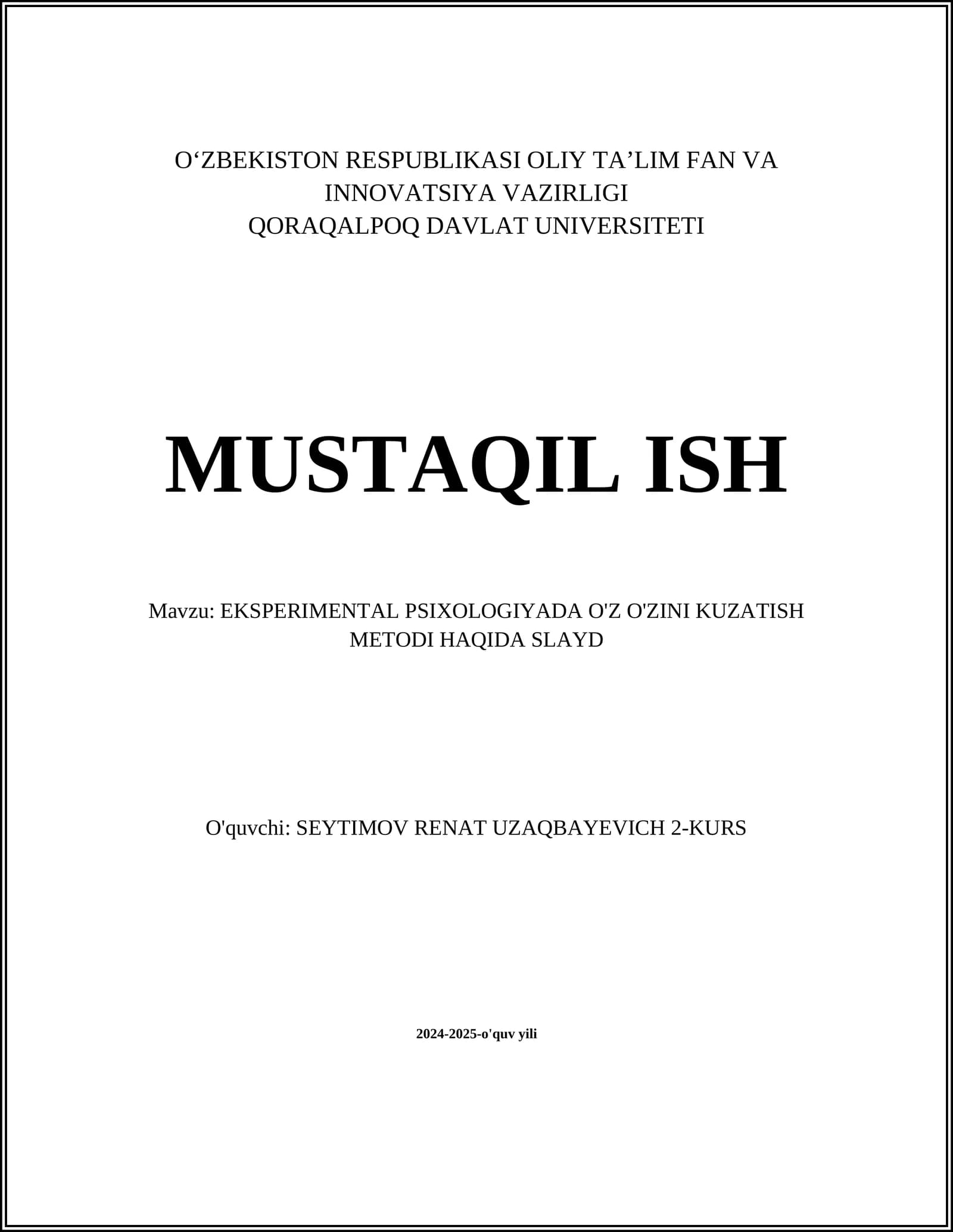 EKSPERIMENTAL PSIXOLOGIYADA O'Z O'ZINI KUZATISH METODI HAQIDA SLAYD