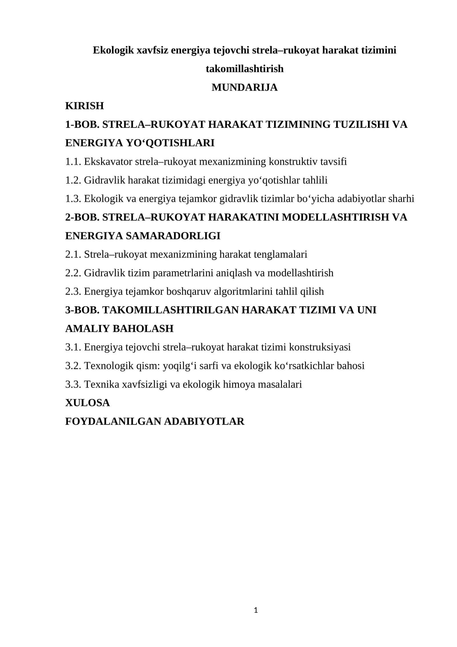 Ekologik xavfsiz energiya tejovchi strela–rukoyat harakat tizimini takomillashtirish
