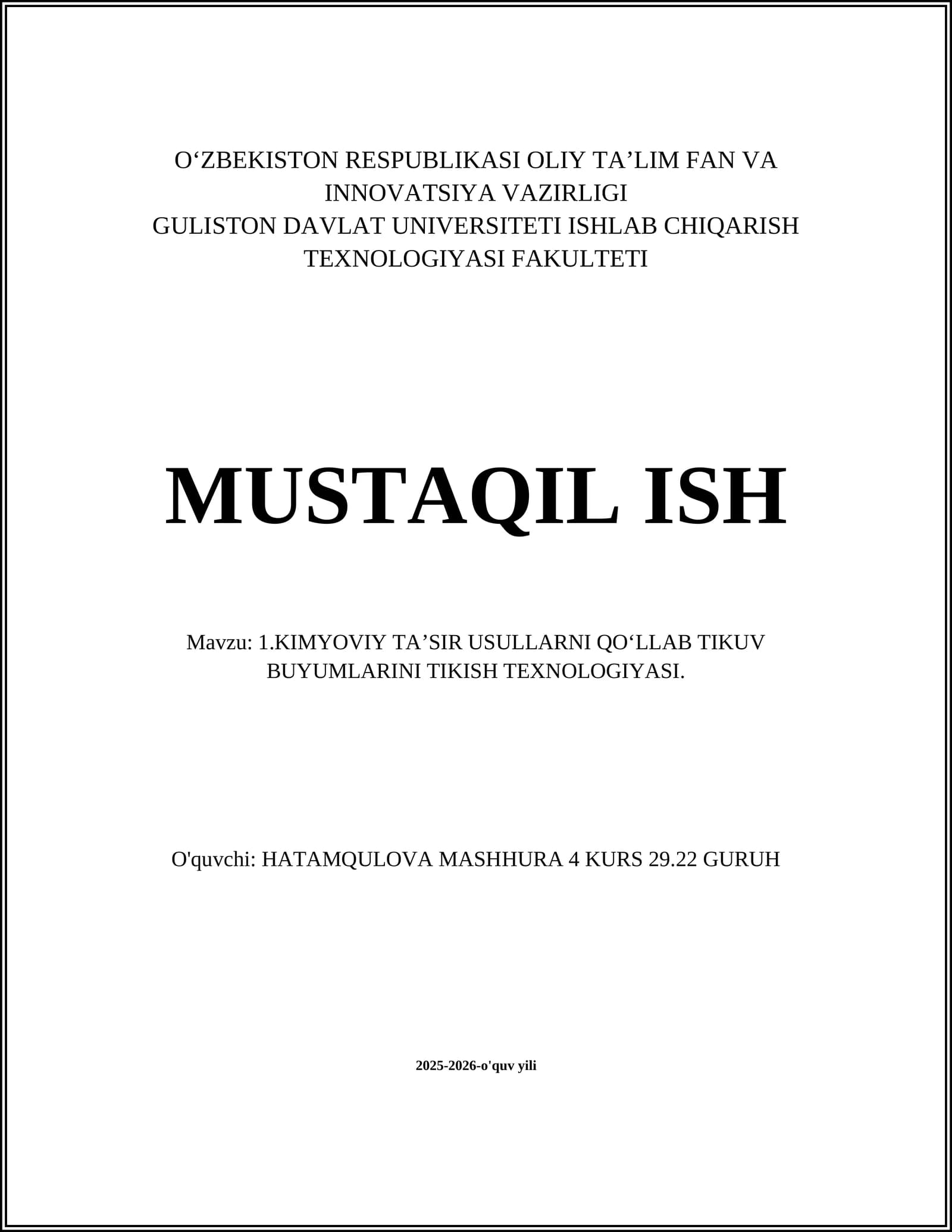 KIMYOVIY TAʼSIR USULLARNI QO‘LLAB TIKUV BUYUMLARINI TIKISH TEXNOLOGIYASI