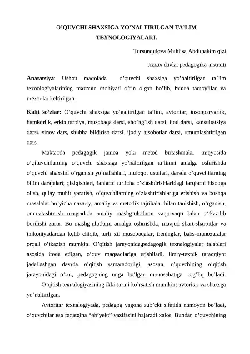O’QUVCHI SHAXSIGA YO’NALTIRILGAN TA’LIM TEXNOLOGIYALARI