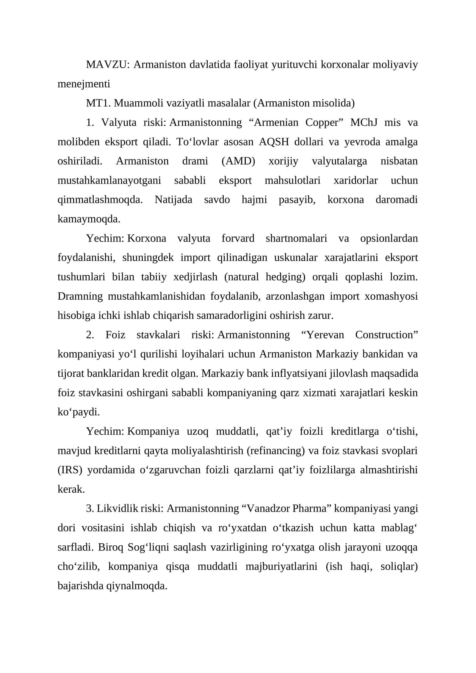 Armaniston davlatida faoliyat yurituvchi korxonalar moliyaviy menejmenti