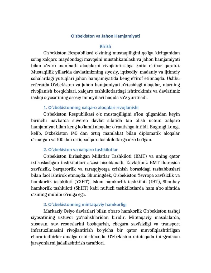 O‘zbekiston va Jahon Hamjamiyati