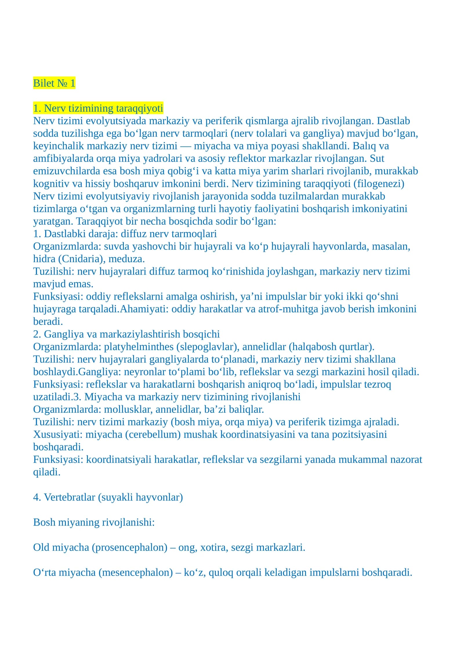 Nerv tizimining taraqqiyoti