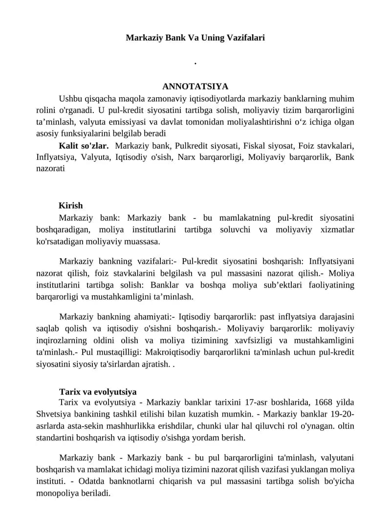 Markaziy Bank Va Uning Vazifalari