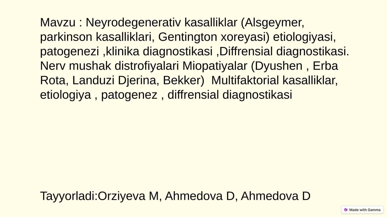 Neyrodegenerativ kasalliklar (Alsgeymer, parkinson kasalliklari, Gentington xoreyasi) etiologiyasi, patogenezi,klinika diagnostikasi,Diffrensial diagnostikasi. Nerv mushak distrofiyalari Miopatiyalar (Dyushen, Erba Rota, Landuzi Djerina, Bekker) Multifaktorial kasalliklar, etiologiya, patogenez, diffrensial diagnostikasi