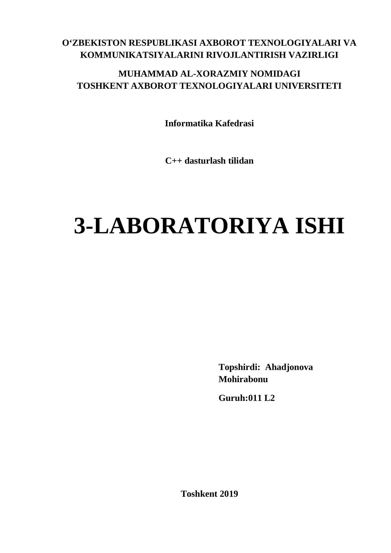 C++ dasturlash tilidan 3-LABORATORIYA ISHI