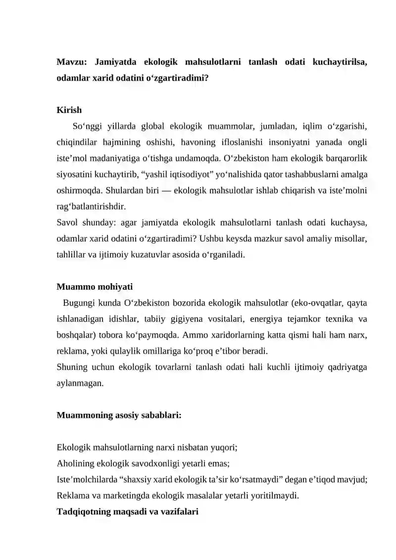 Ekologik mahsulotlarni tanlash odati