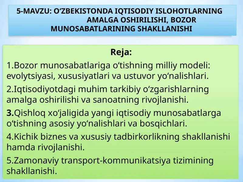 О‘ZBEKISTONDA IQTISODIY ISLOHOTLARNINGAMALGA OSHIRILISHI, BOZOR MUNOSABATLARINING SHAKLLANISHI