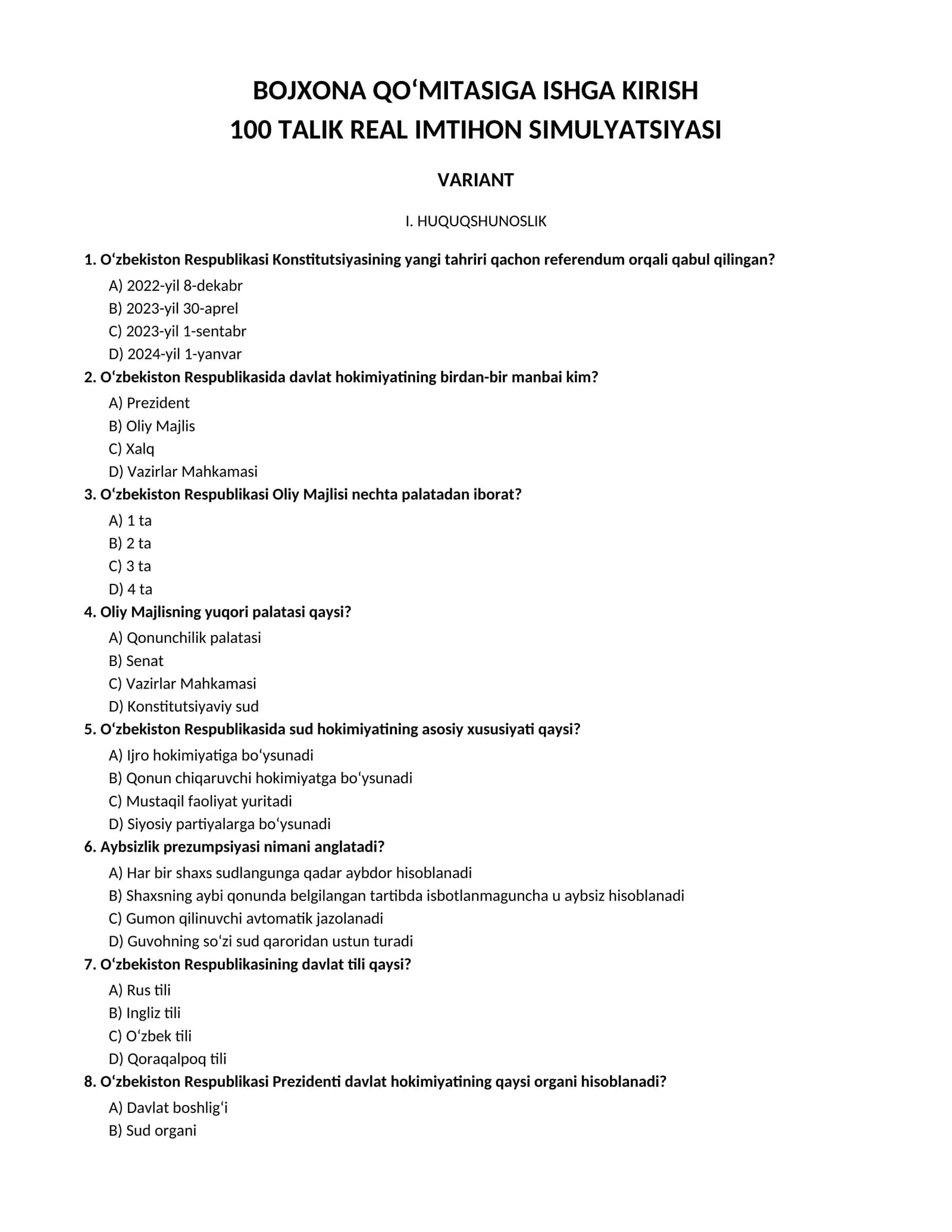 bojxonaga ishga kirish  dastlabki test