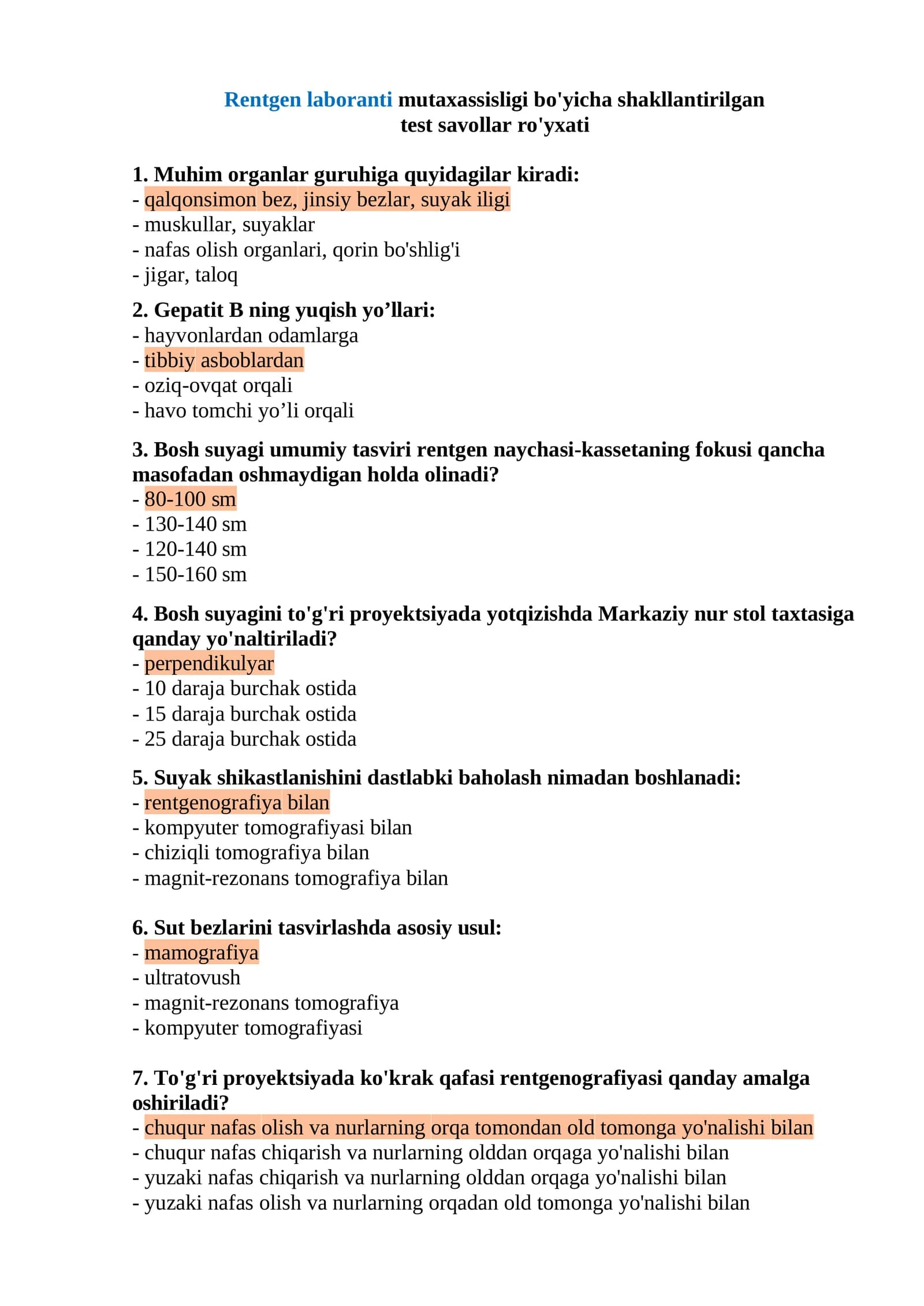 Rentgen laboranti mutaxassisligi bo'yicha shakllantirilgan test savollar ro'yxati