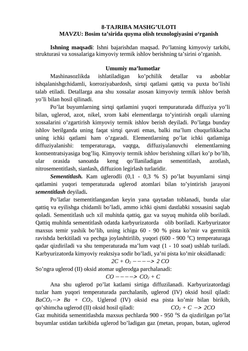 Bosim ta’sirida quyma olish texnologiyasini o‘rganish