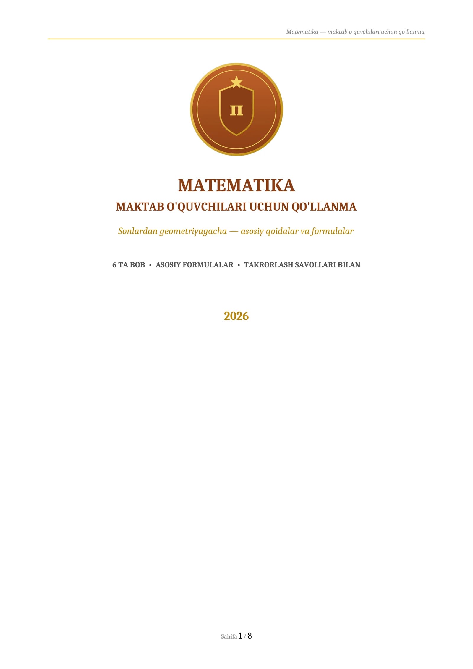 MATEMATIKA
MAKTAB O'QUVCHILARI UCHUN QO'LLANMA