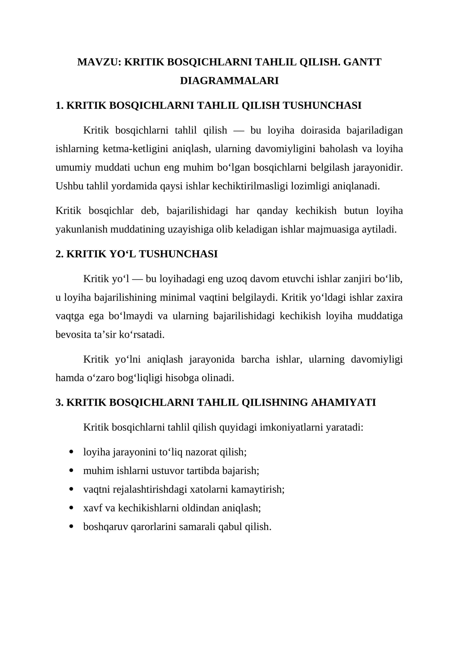 KRITIK BOSQICHLARNI TAHLIL QILISH. GANTT DIAGRAMMALARI
