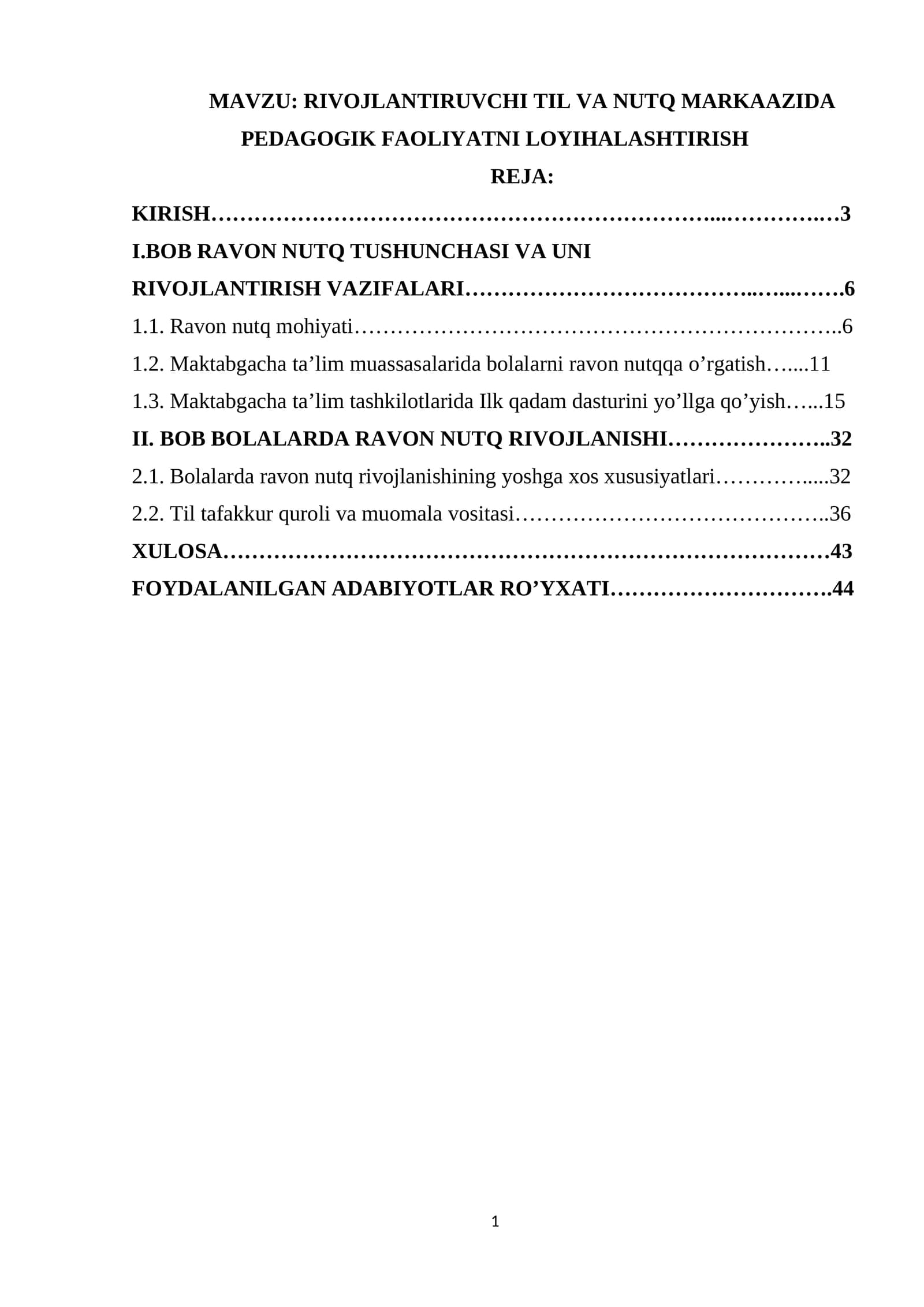 RIVOJLANTIRUVCHI TIL VA NUTQ MARKAAZIDA PEDAGOGIK FAOLIYATNI LOYIHALASHTIRISH