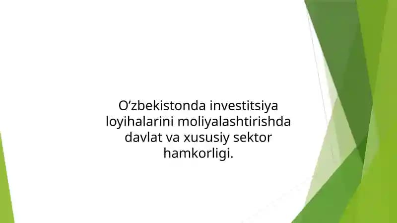 Investitsiya loyihalarini moliyalashtirishda davlat va xususiy sektor hamkorligi