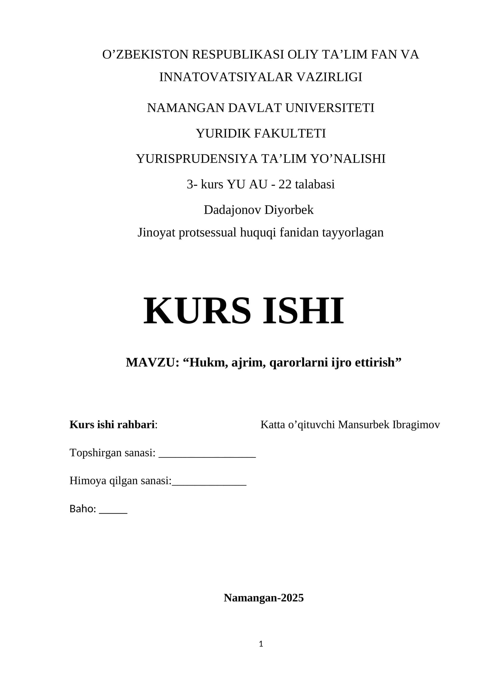 Jinoyat protsessual huquqi fanidan tayyorlagan KURS ISHI