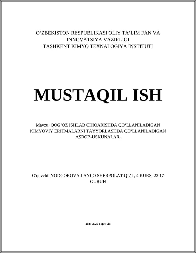 QOG‘OZ ISHLAB CHIQARISHDA QO‘LLANILADIGAN KIMYOVIY ERITMALARNI TAYYORLASHDA QO‘LLANILADIGAN ASBOB-USKUNALAR