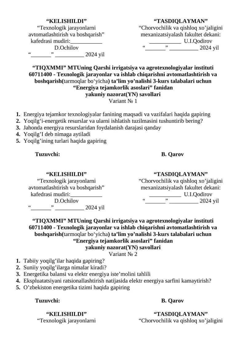 Texnologik jarayonlarni avtomatlashtirish va boshqarish