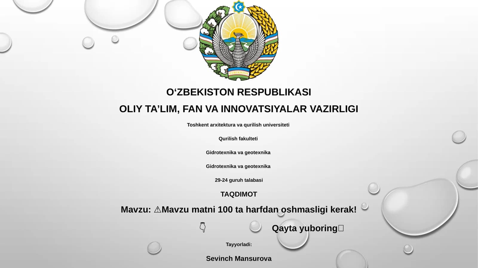Mavzu: Gidrotexnika va Geotexnika Talabalari