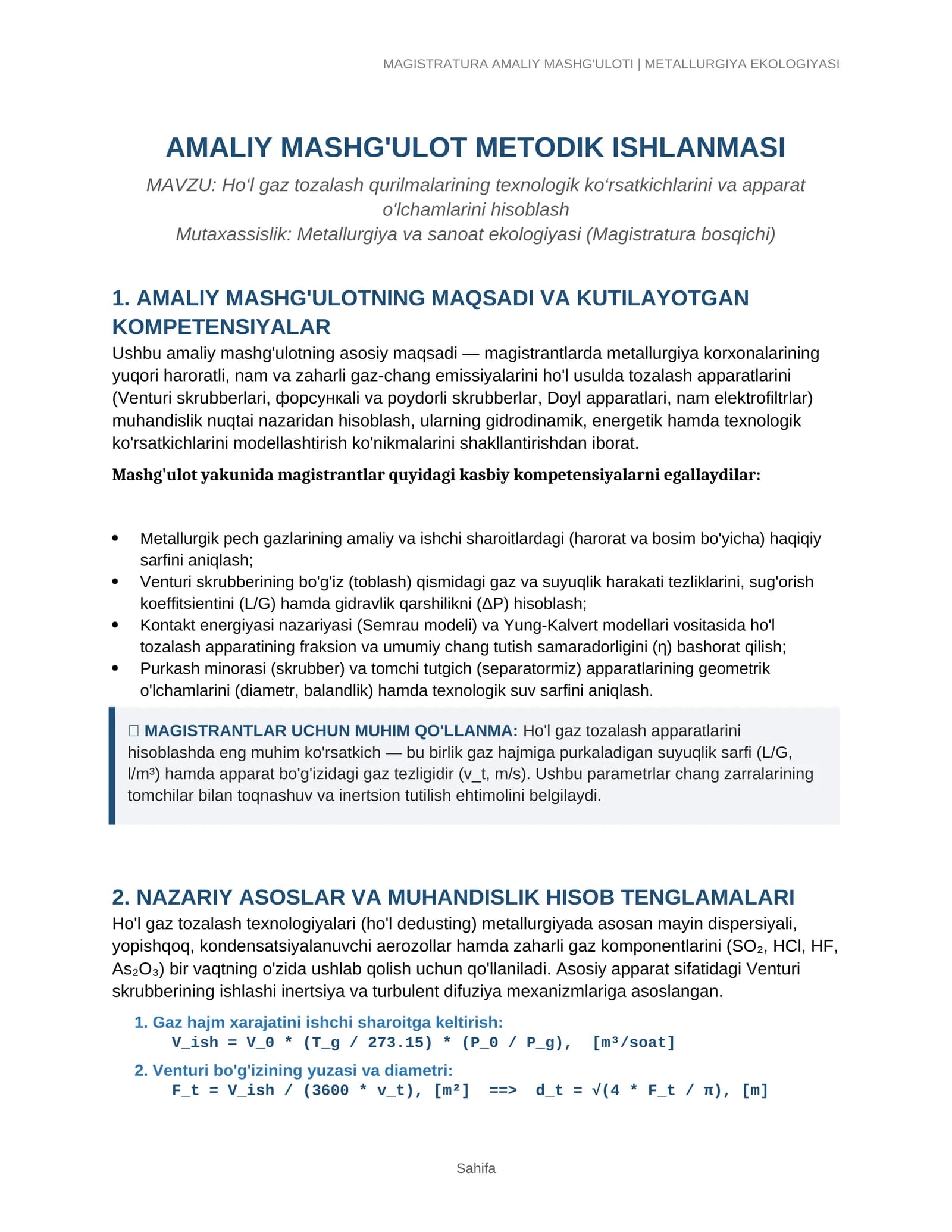 MAGISTRATURA AMALIY MASHG'ULOTI | METALLURGIYA EKOLOGIYASI